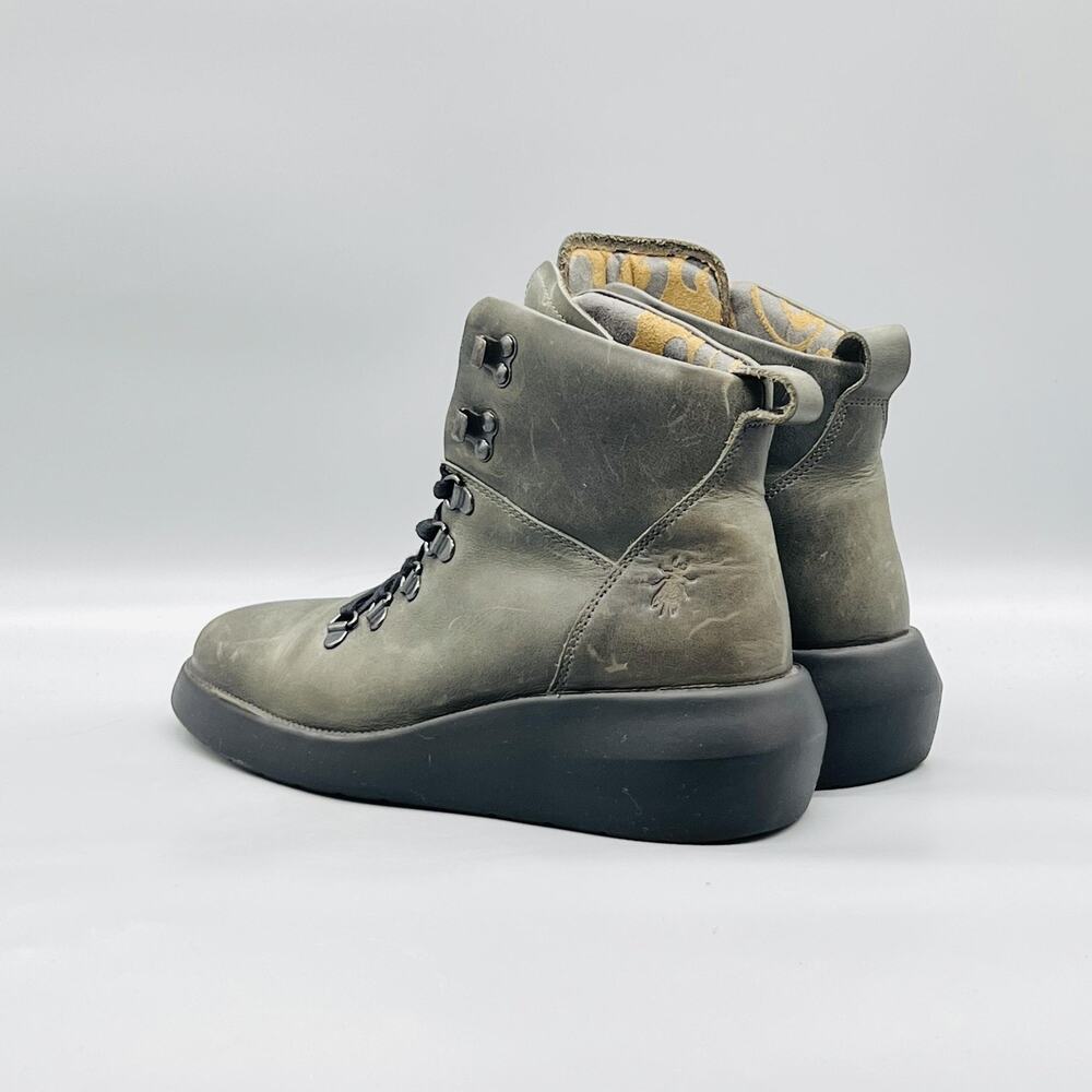 FLY London Boots Womens 7 Green Leather Platform Wedge Ankle Lace Up Shoes - Picture 7 of 11